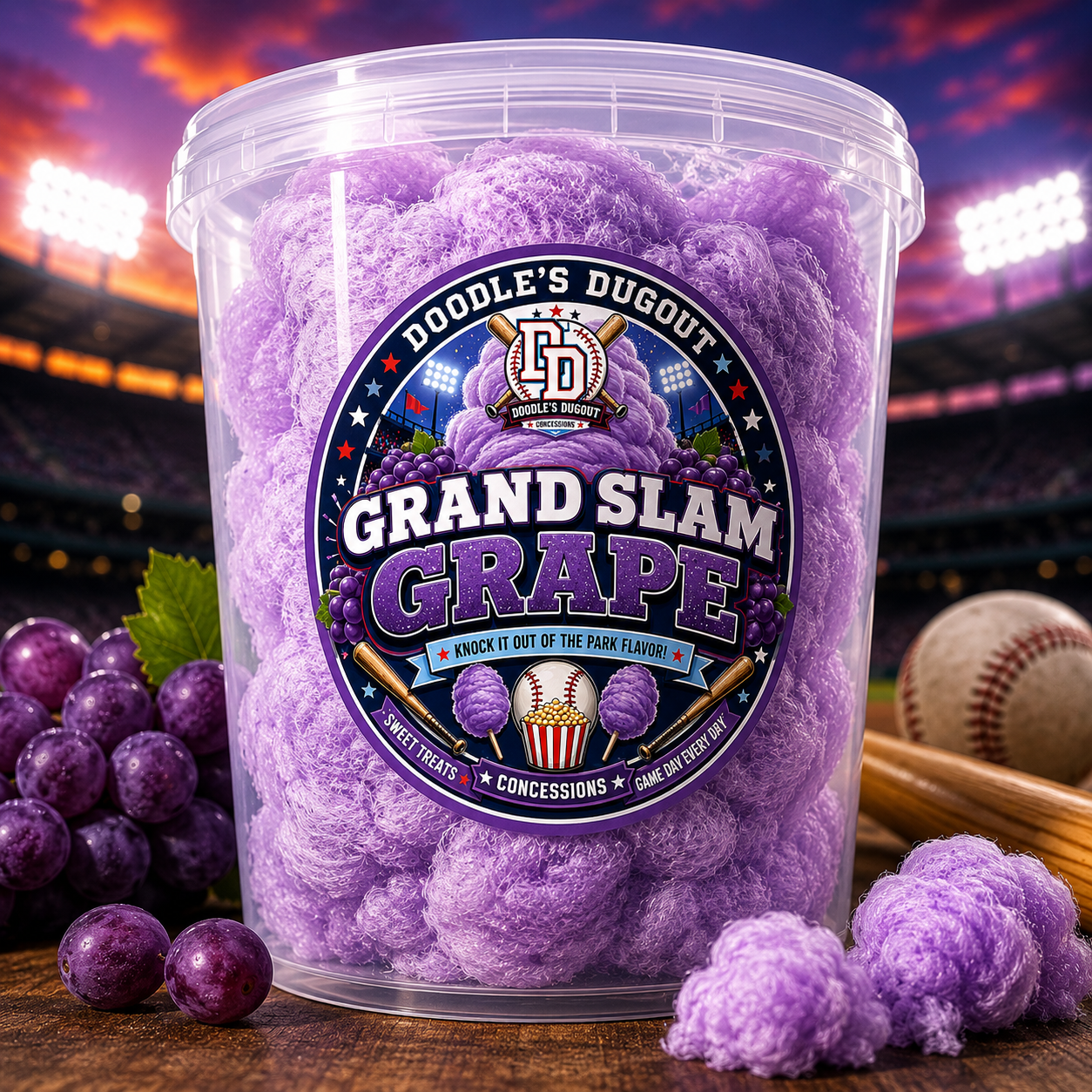 Grand Slam Grape Cotton Candy | Gourmet Baseball Inspired Sweet Treat | Doodle’s Dugout